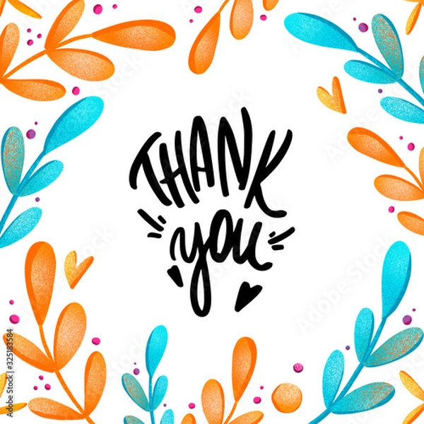 Fototapeta Digital art cute square card with thank you inscription on a white background with a frame of leaves and branches. Print for wrapping paper, stationery, social networks, fabrics.