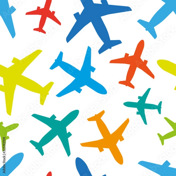 Fototapeta Multicolored bright airplanes isolated on a white background. Seamless pattern. Color vector graphic drawing. Texture.