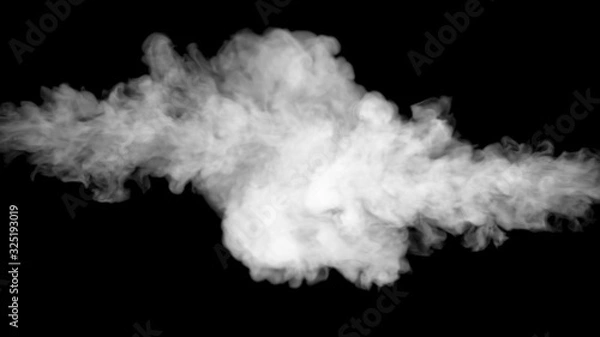 Fototapeta White water vapor steam on a black background. Realistic dry smoke clouds fog overlay. Simply drop it in and change its blending mode to screen or add.
