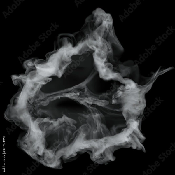 Fototapeta White cloud burst texture isolated on black background. Steam explosion special effect. Realistic thick smoke Puff.