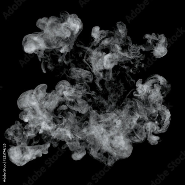 Fototapeta White cloud burst texture isolated on black background. Steam explosion special effect. Realistic thick smoke Puff.