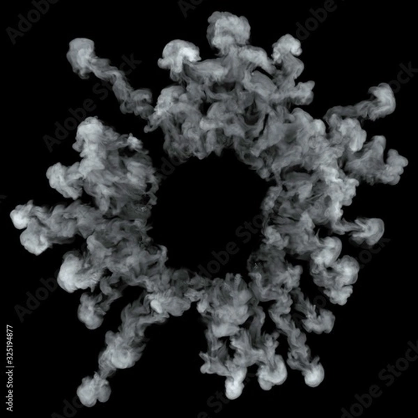 Fototapeta White cloud burst texture isolated on black background. Steam explosion special effect. Realistic thick smoke Puff.