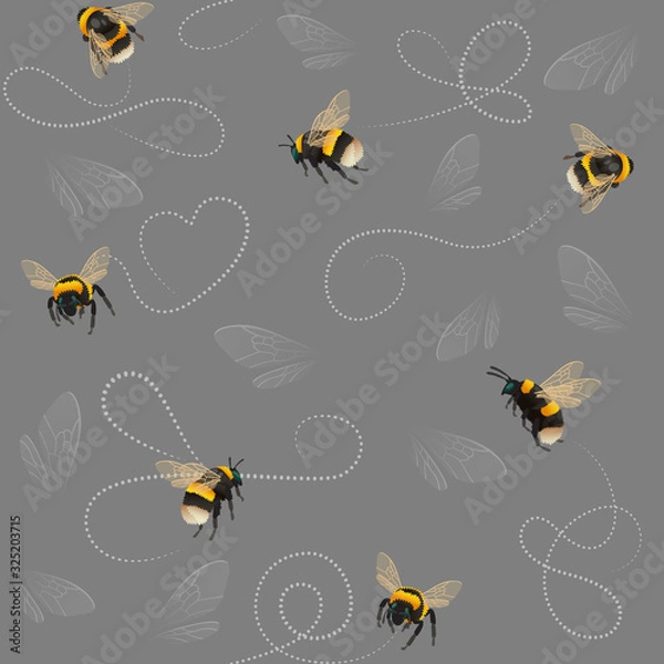 Fototapeta Bumblebee seamless pattern with abstract lines and insect wings on gray
