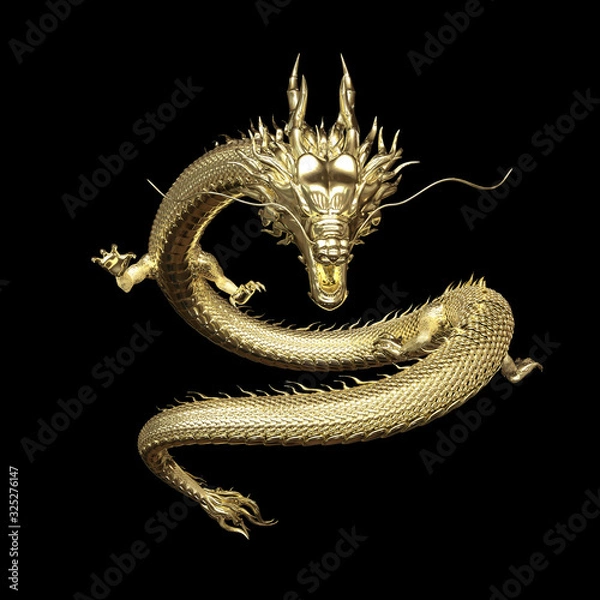Fototapeta Full body gold dragon in smart pose with 3d rendering include alpha  path..