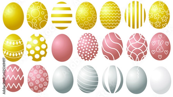 Fototapeta Gold, Rose and Silver Easter eggs with the pattern set isolated on transparent or white background. Vector illustration in flat design.