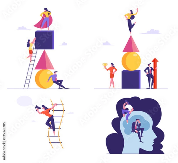Fototapeta Set of Businesspeople Building Pyramid of Geometric Figures, Leadership, Goal Achievement. Brainstorm Process in Human Head. Characters Isolated on White Background Cartoon Flat Vector Illustration
