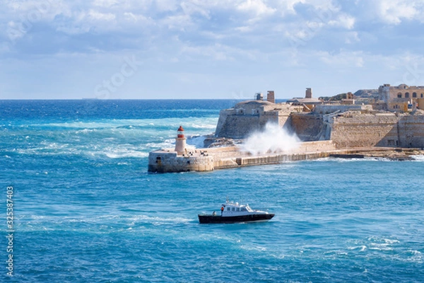 Obraz Ship in the sea. Big wave. Kalkara, Malta.