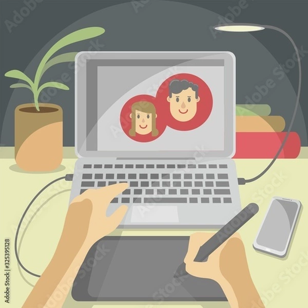 Obraz Workplace vector illustration of a hand graphic tablet work graphic designer creative