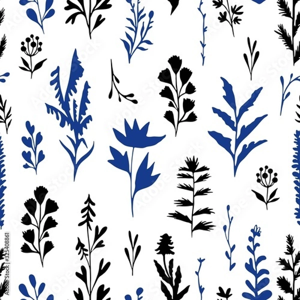 Obraz Flowers ink silhouettes illustration set of elements hand drawing seamless pattern