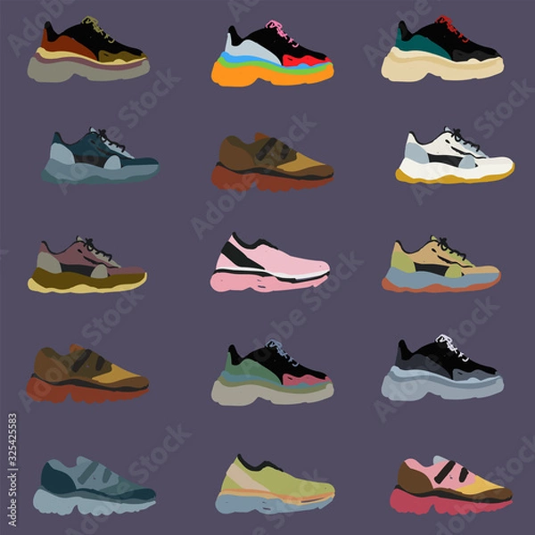 Fototapeta Modern fashionable sneakers on a white background seamless pattern. Vector hand drawn illustration. All objects are grouped and isolated.