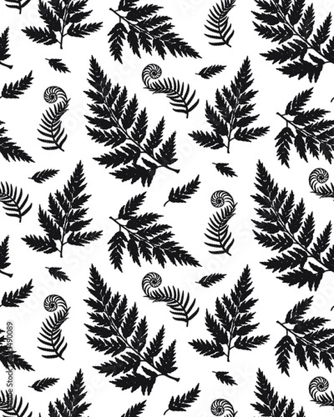 Fototapeta Seamless pattern with fern leaves and fern unrolling in young frond. Black and white silhouette.  Floral vector template suitable for laser cutting.