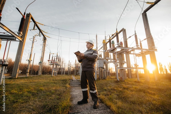 Fototapeta The energy engineer inspects the equipment of the substation. Power engineering. Industry
