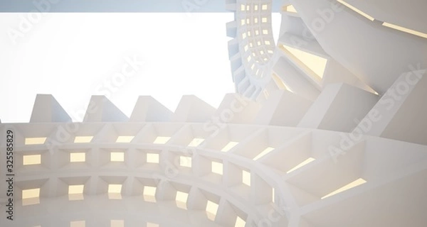 Fototapeta Abstract architectural background, white interior with discs.Neon lighting. 3D illustration and rendering.