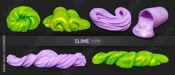 Fototapeta Set of green and purple realistic slimes on a black background. Vector illustration with mesh gradients.