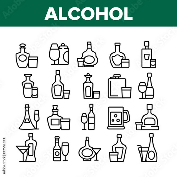 Fototapeta Alcohol Drink Bottles Collection Icons Set Vector. Tequila And Cognac, Vodka And Beer, Whiskey And Champagne Alcohol Beverage Concept Linear Pictograms. Monochrome Contour Illustrations