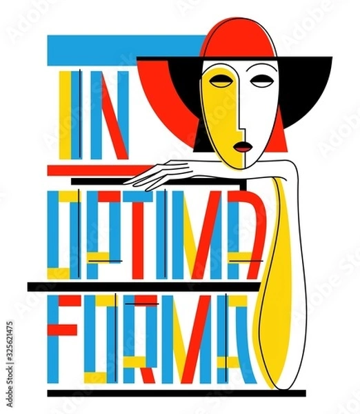 Fototapeta A woman's head in the hat resting on her arm. Lettering "In optima forma". In the style of the 20s.