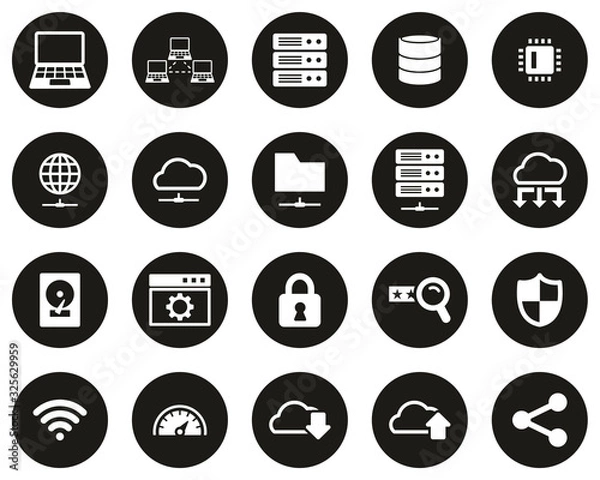 Fototapeta Server & Data Center Icons White On Black Flat Design Circle Set Big