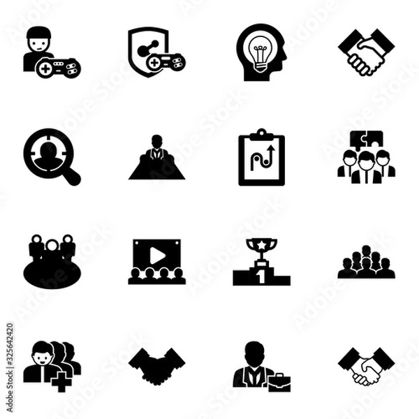 Obraz 16 team filled icons set isolated on white background. Icons set with gamer, game clan, Creative people, Target Audience, director, tactics, Audience, cooperation, Team building icons.