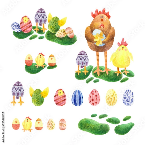 Obraz easter set with easter chickens and eggs, decor, decoration, plants, grass, flowers