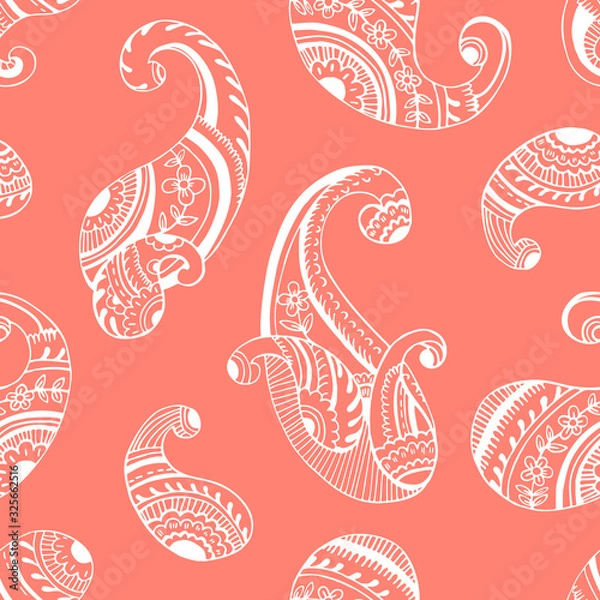 Fototapeta Monochrome Seventies Retro Outline Hand Drawn Paisley Vector Seamless Pattern. Flower Power Feminine Whimsical Classic Textile Print