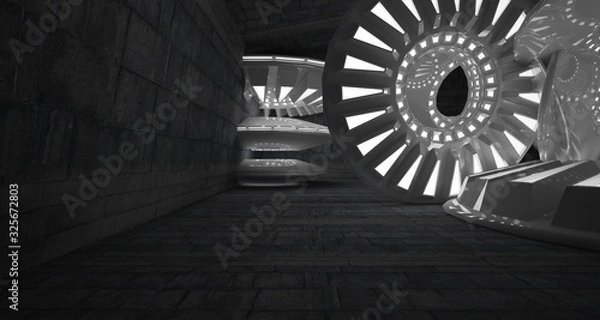 Fototapeta Abstract architectural concrete interior with white glossy discs. Neon lighting. 3D illustration and rendering.