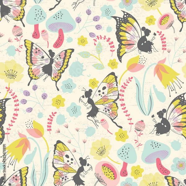 Fototapeta Cute Whimsical Fairies in Wonderland Vector Seamless Pattern
