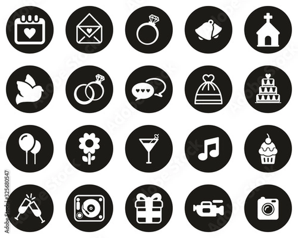 Obraz Wedding Icons White On Black Flat Design Circle Set Big