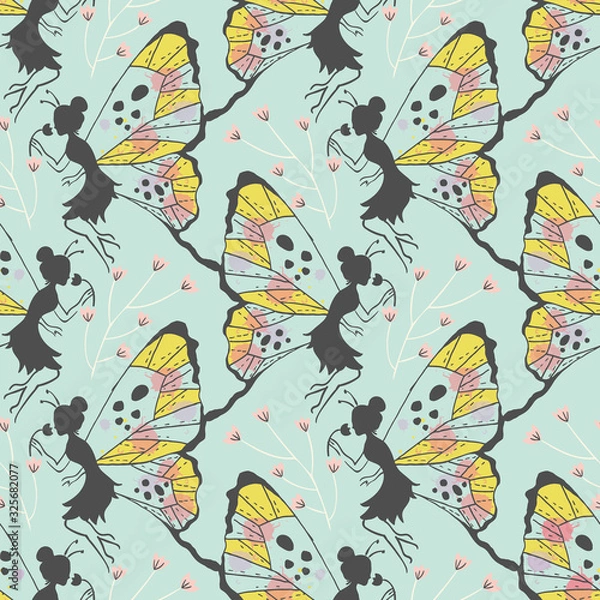 Fototapeta Cute Whimsical Fairies Vector Seamless Pattern