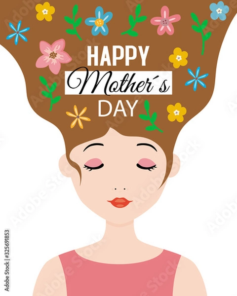 Fototapeta Mothers day card. Woman with flowers in her hair