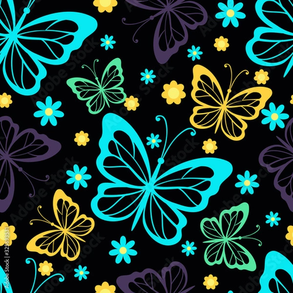 Fototapeta Seamless pattern with  colourful butterflies on dark background. Vector illustration.