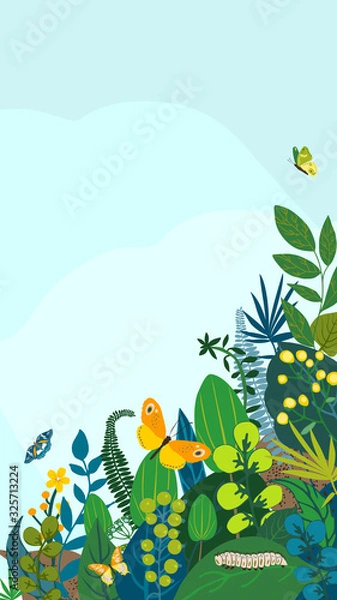 Obraz Beautiful floral background, frame. Green leaves, colorful flowers, caterpillar and butterflies. Spring, summer corner for social network backdrop, invitation, wedding, birthday. Vector illustration.