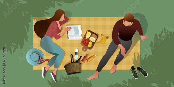 Fototapeta A young couple is sitting on a picnic blanket. Top view. Summer city park scene. Flat graphic vector illustration.