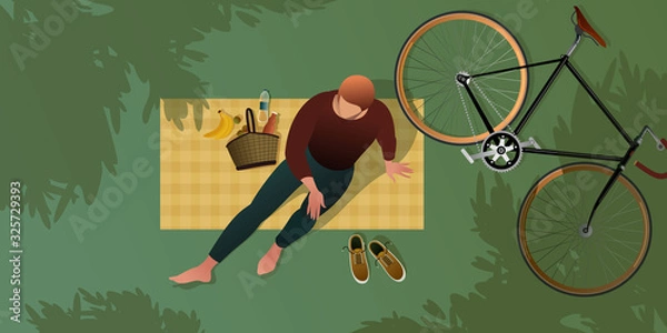 Fototapeta A young cyclist resting on a picnic blanket. Top view. Summer city park. Flat graphic vector illustration.