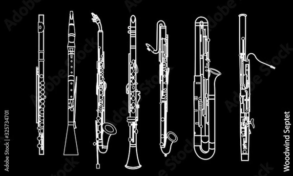 Obraz Outline various musical instruments as flute, oboe, bassoon, contrabassoon, piccolo and saxophones. White contour of  musical instrument on a black background