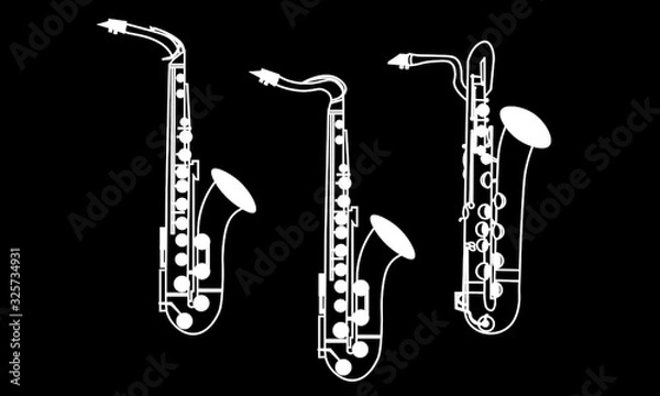 Obraz White color line drawings of outline Alto Saxophone, Tenor Saxophone and Baritone Saxophone musical instrument contour on a black background