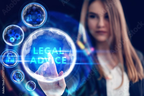 Obraz Business, Technology, Internet and network concept. Young businessman working on a virtual screen of the future and sees the inscription: Legal advice