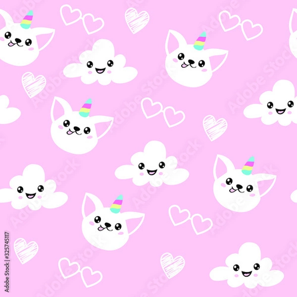 Fototapeta Cat unicorn and clouds on a pink background seamless pattern for children