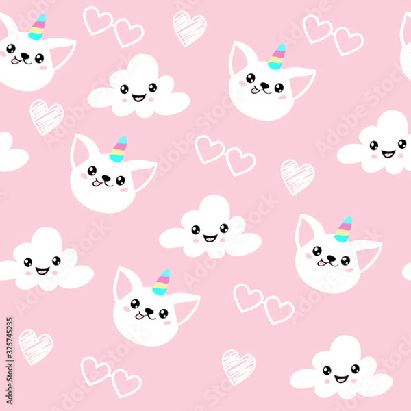 Fototapeta Cat unicorn and clouds on a pink background seamless pattern for children