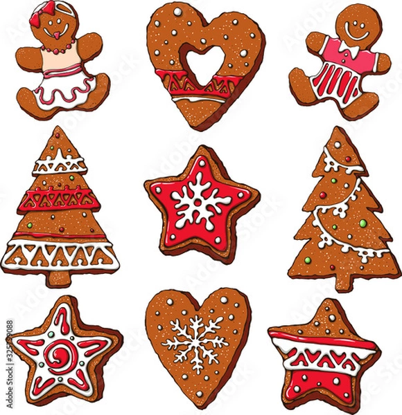 Obraz Vector christmas set: traditional delicious gingerbread in different forms. Heart, tree, star, girl, boy shape. Brown with red and white icing ornament. Pretty funny design for winter holidays.