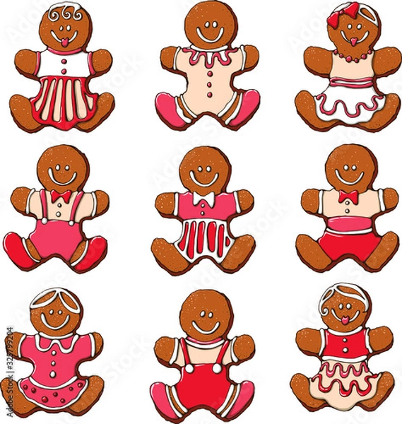 Obraz Vector set : different pretty gingerbread cookies look like girls and boys. Hand drawn traditional christmas food . Brown , with icing decor in white, red,pink colors. Elements for holiday design.