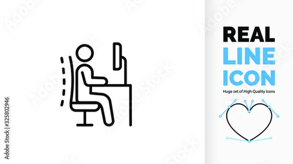 Obraz editable real line icon or symbol of a stick figure person sitting in a ergonomics office chair at his desk with a screen for good posture in the workplace to prevent back, spine and neck pain