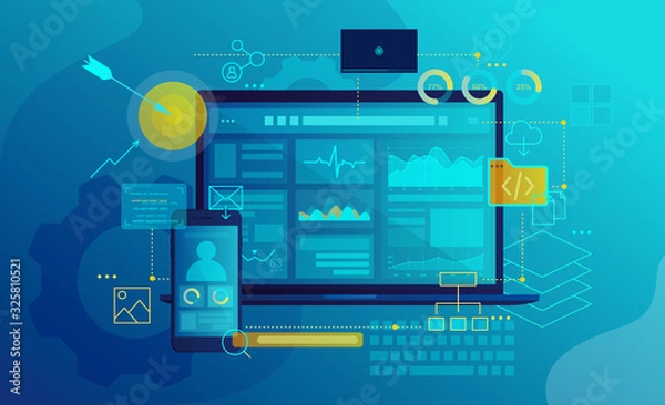 Obraz SEO software interface flat vector illustration. Search engine optimization program GUI design. Analytical charts and graphs on mobile phone and laptop screens. Data analysis application concept.
