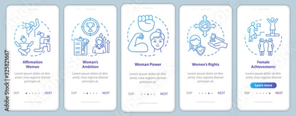 Fototapeta Feminism onboarding mobile app page screen with concepts. Female economic and social empowerment walkthrough 5 steps graphic instructions. UI vector template with RGB color illustrations