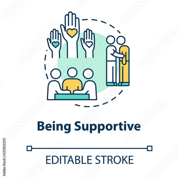 Fototapeta Being supportive concept icon. Helping and care about friends troubles. Sad mate comforting and encourage idea thin line illustration. Vector isolated outline RGB color drawing. Editable stroke