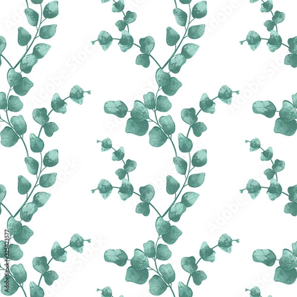 Fototapeta Digital art cute textural seamless pattern of eucalyptus leaves and branches on a white background. Print for invitations, cards, banners, posters, fabrics, wrapping paper, beauty business, web.
