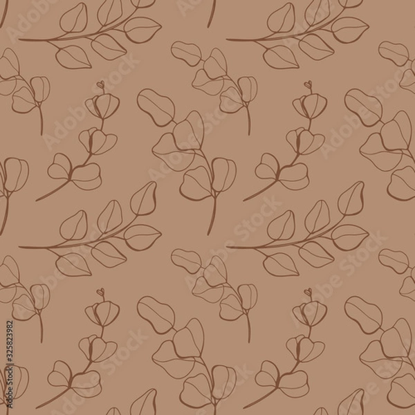 Fototapeta Digital art cute doodle contour eucalyptus seamless pattern on a brown background. Print for invitations, cards, banners, posters, fabrics, wrapping paper, beauty business, web.