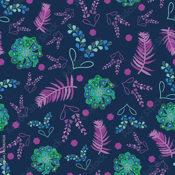 Fototapeta Lavender Nights-Flowers in Bloom seamless repeat pattern. Festive lavender,heart shapes,,lantana flowers and leaves pattern background in blue,green and and purple . Surface pattern design. Perfect