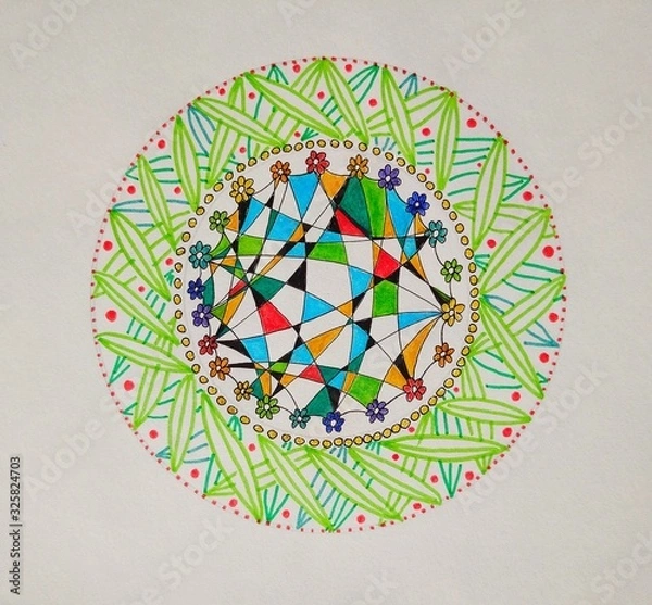 Fototapeta Planet Earth in shape of geometric circle and leaves in double ring, round, sphere, hand drawn, colors, paper, white background