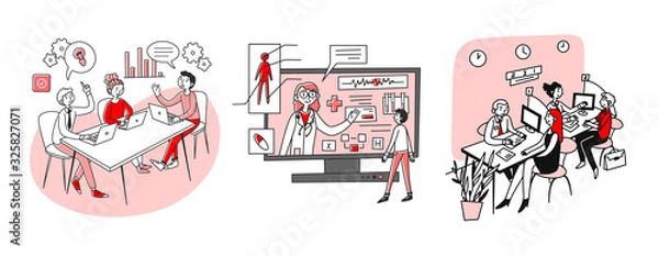 Fototapeta Management, service, finance jobs set. People brainstorming, posting ad in blog. Flat vector illustrations. Work, occupation, professional concept for banner, website design or landing web page