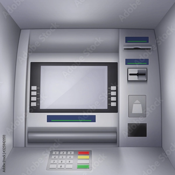 Fototapeta Vector Realistic Illustration of a ATM Machine with blank Interface, Keypad, Slot for Credit Card and Currency.